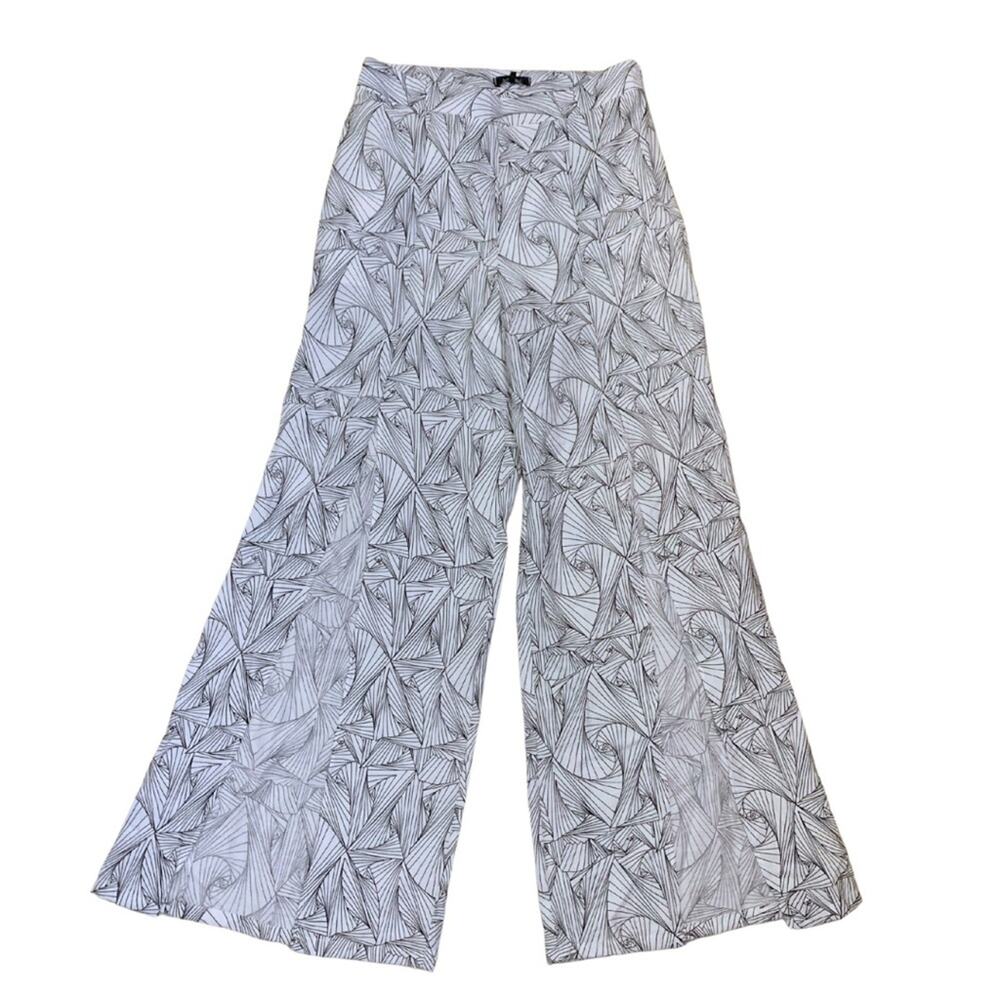 Anthropologie White Black Print Pants High Waist Wide Leg Boho Resort Getaway
